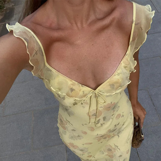 Floral V-Neck Backless Maxi Dress