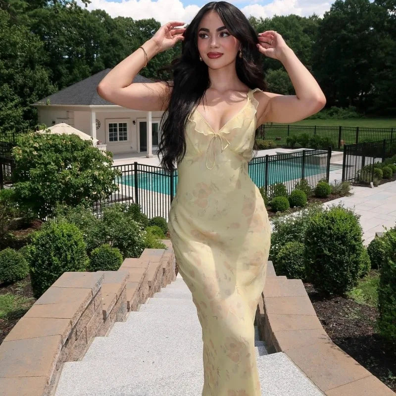 Floral V-Neck Backless Maxi Dress