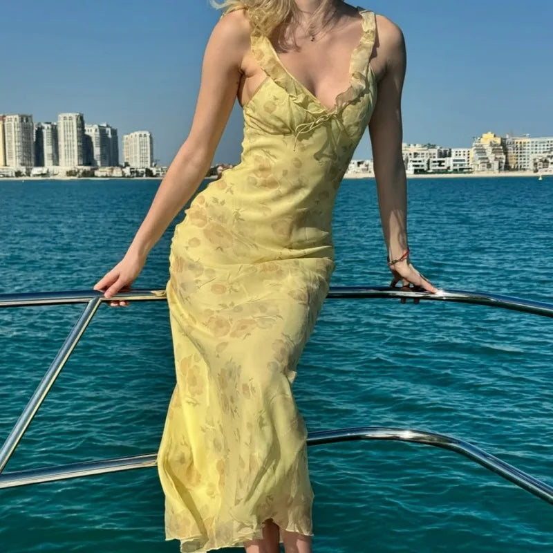 Floral V-Neck Backless Maxi Dress