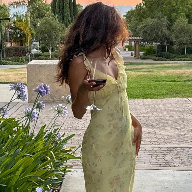 Floral V-Neck Backless Maxi Dress